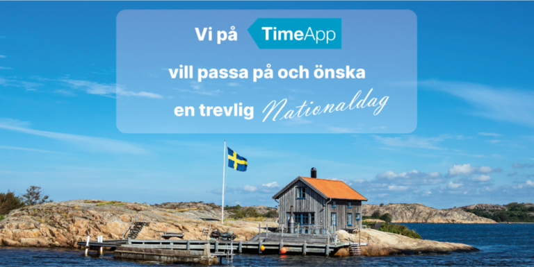 Nationaldagshälsning 2023 Bild som illustrerar en brygga och en svensk flagga, med en nationaldagshälsning från TimeApp.